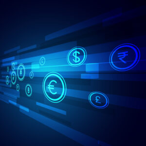 Digital symbols of various currencies glowing in blue on a dark background.