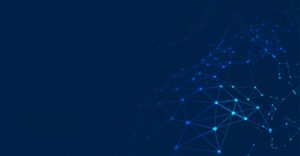 Abstract digital network with connected blue nodes on dark background.